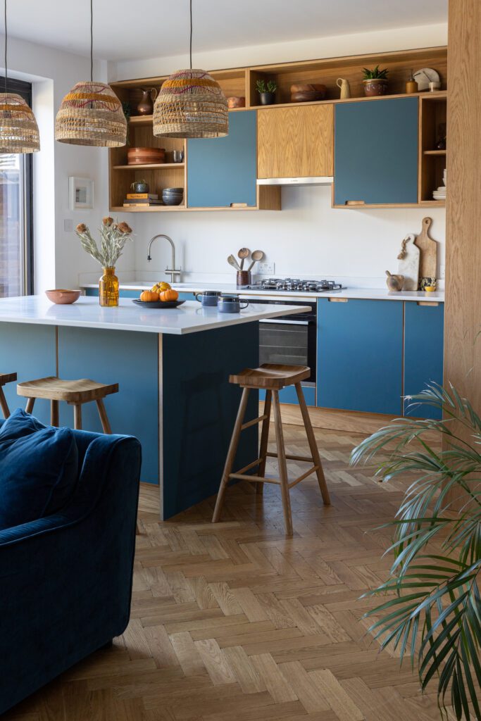 blue and oak kitchen